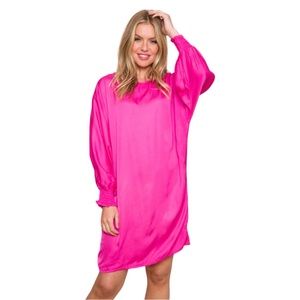 Suzy D London Women's Medium Greta Satin Dress with Ruched Cuffs in Fuchsia Pink